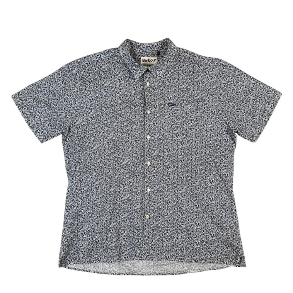 Barbour Mens MSH5095WH1 Regular Fit Floral Leaf Print Cotton SS Shirt Blue White